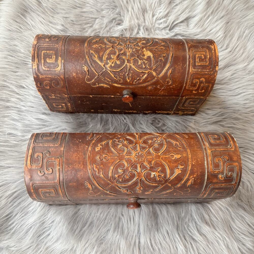 Vintage Ornate Hand Carved Mandala Design Wooden Hinged Lid Wood Box Brown Long